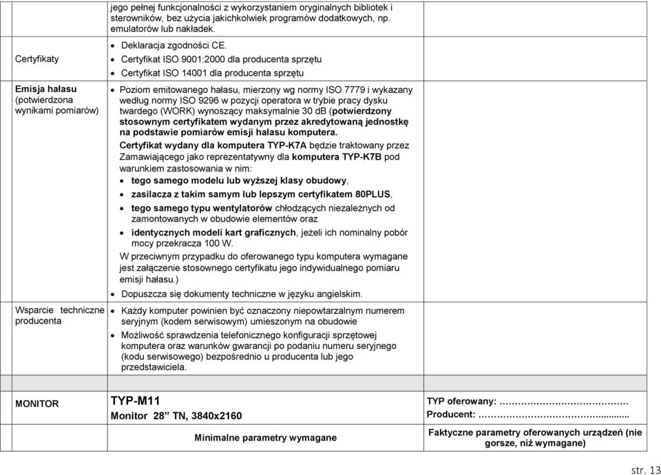 Certyfikat ISO 9001:2000 dla producenta sprzętu Certyfikat ISO 14001 dla producenta sprzętu Poziom emitowanego hałasu, mierzony wg normy ISO 7779 i wykazany według normy ISO 9296 w pozycji operatora