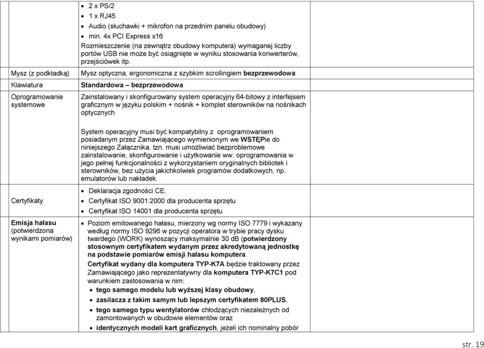 Mysz (z podkładką) Klawiatura Oprogramowanie systemowe Mysz optyczna, ergonomiczna z szybkim scrollingiem bezprzewodowa Standardowa bezprzewodowa Zainstalowany i skonfigurowany system operacyjny