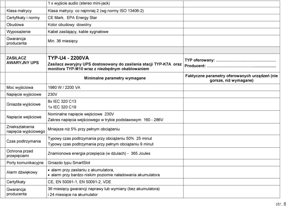 36 miesięcy ZASILACZ AWARYJNY UPS Moc wyjściowa Napięcie wyjściowe Gniazda wyjściowe Napięcie wejściowe Zniekształcenia napięcia wyjściowego Czas podtrzymania Ochrona przed przepięciami Porty