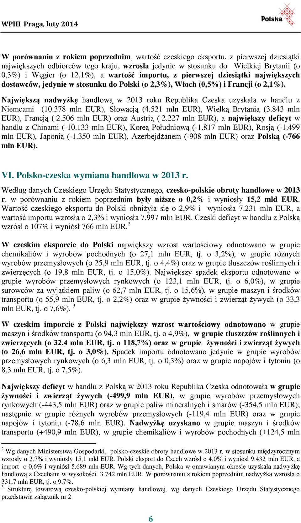 Największą nadwyżkę handlową w 2013 roku Republika Czeska uzyskała w handlu z Niemcami (10.378 mln EUR), Słowacją (4.521 mln EUR), Wielką Brytanią (3.843 mln EUR), Francją ( 2.