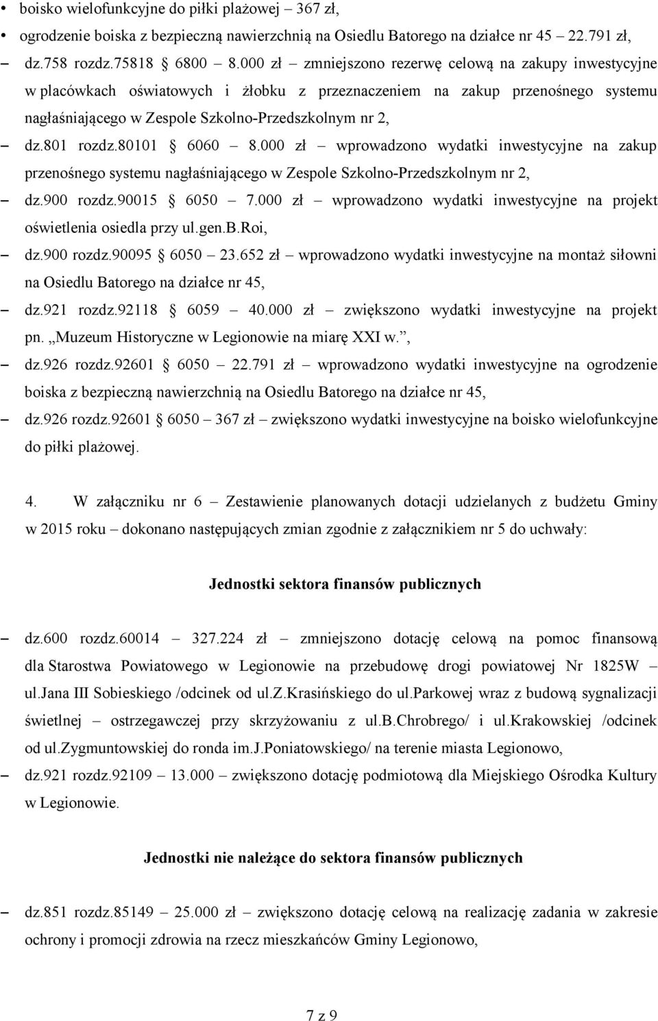 801 rozdz.80101 6060 8.000 zł wprowadzono wydatki inwestycyjne na zakup przenośnego systemu nagłaśniającego w Zespole Szkolno-Przedszkolnym nr 2, dz.900 rozdz.90015 6050 7.