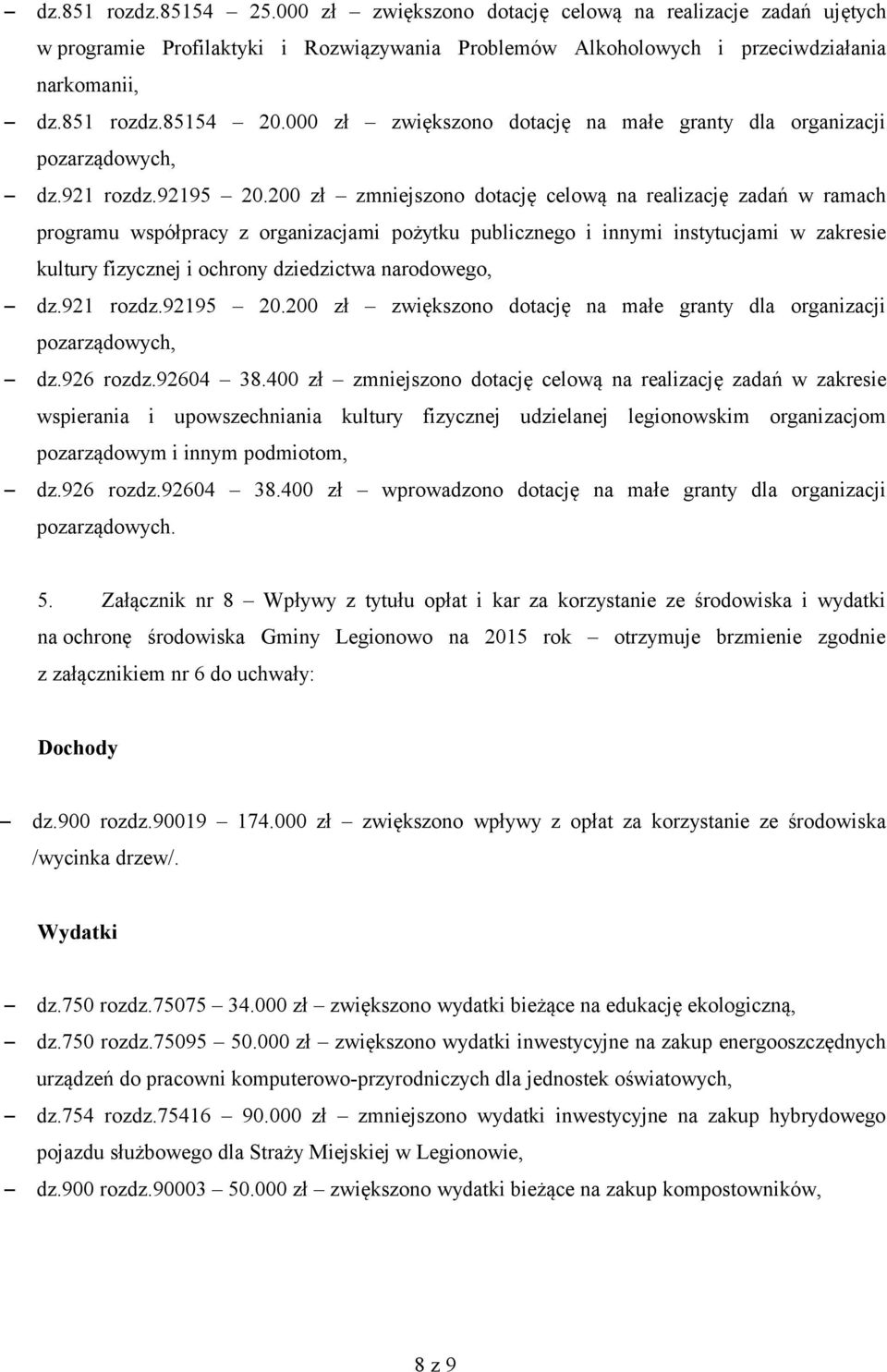 200 zł zmniejszono dotację celową na realizację zadań w ramach programu współpracy z organizacjami pożytku publicznego i innymi instytucjami w zakresie kultury fizycznej i ochrony dziedzictwa