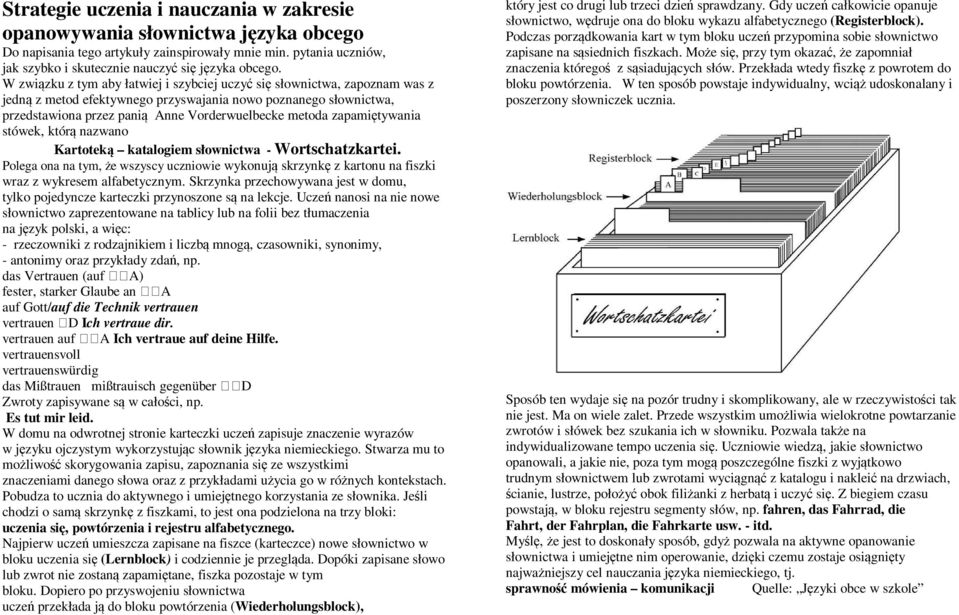 zapamiętywania stówek, którą nazwano Kartoteką katalogiem słownictwa - Wortschatzkartei. Polega ona na tym, że wszyscy uczniowie wykonują skrzynkę z kartonu na fiszki wraz z wykresem alfabetycznym.