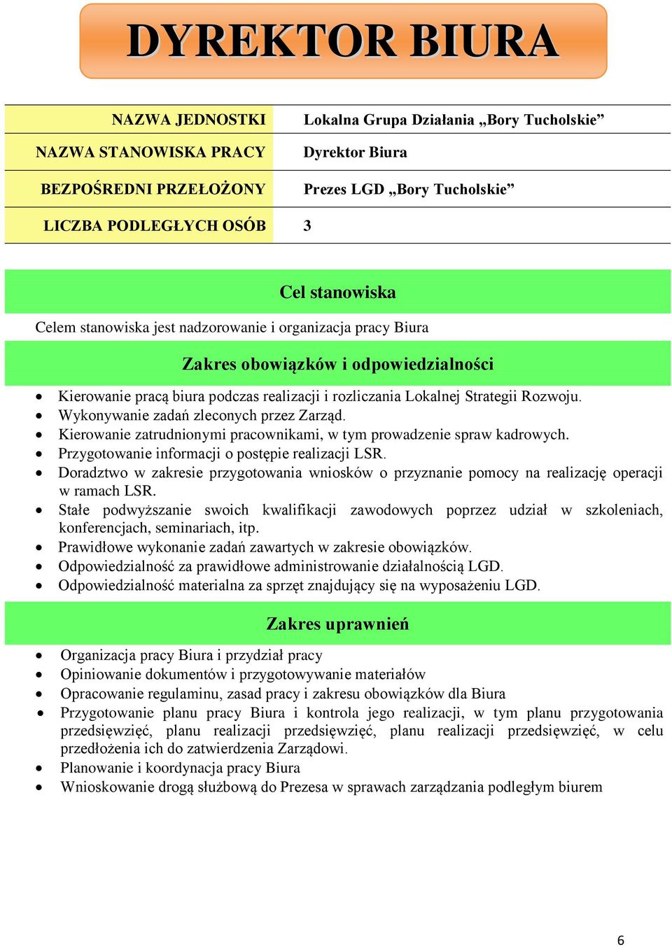 Wykonywanie zadań zleconych przez Zarząd. Kierowanie zatrudnionymi pracownikami, w tym prowadzenie spraw kadrowych. Przygotowanie informacji o postępie realizacji LSR.