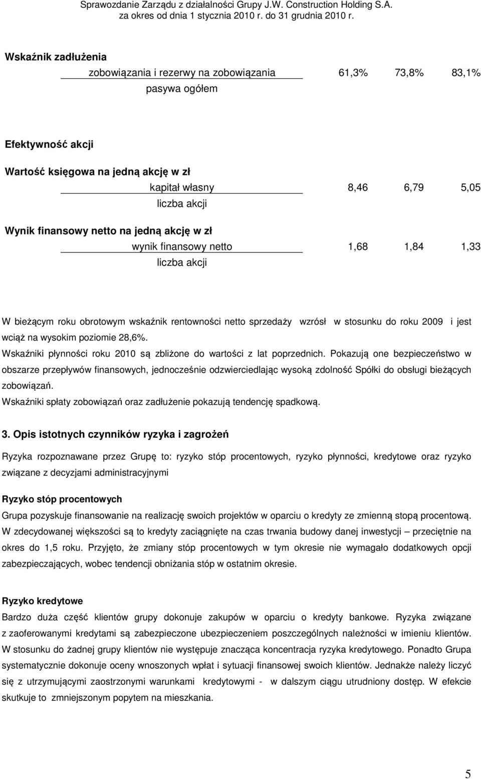 wysokim poziomie 28,6%. Wskaźniki płynności roku 2010 są zbliżone do wartości z lat poprzednich.