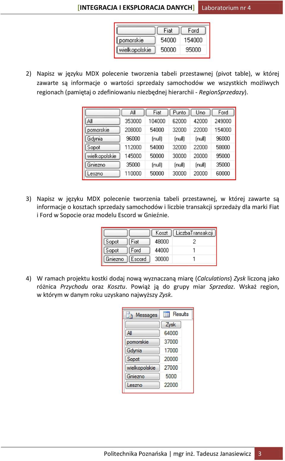 3) Napisz w języku MDX polecenie tworzenia tabeli przestawnej, w której zawarte są informacje o kosztach sprzedaży samochodów i liczbie transakcji sprzedaży dla marki Fiat i Ford w