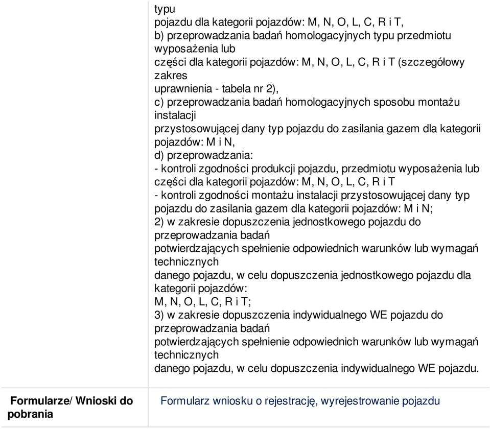 pojazdu, przedmiotu wyposażenia lub części dla kategorii pojazdów: M, N, O, L, C, R i T - kontroli zgodności montażu instalacji przystosowującej dany typ pojazdu do zasilania gazem dla kategorii