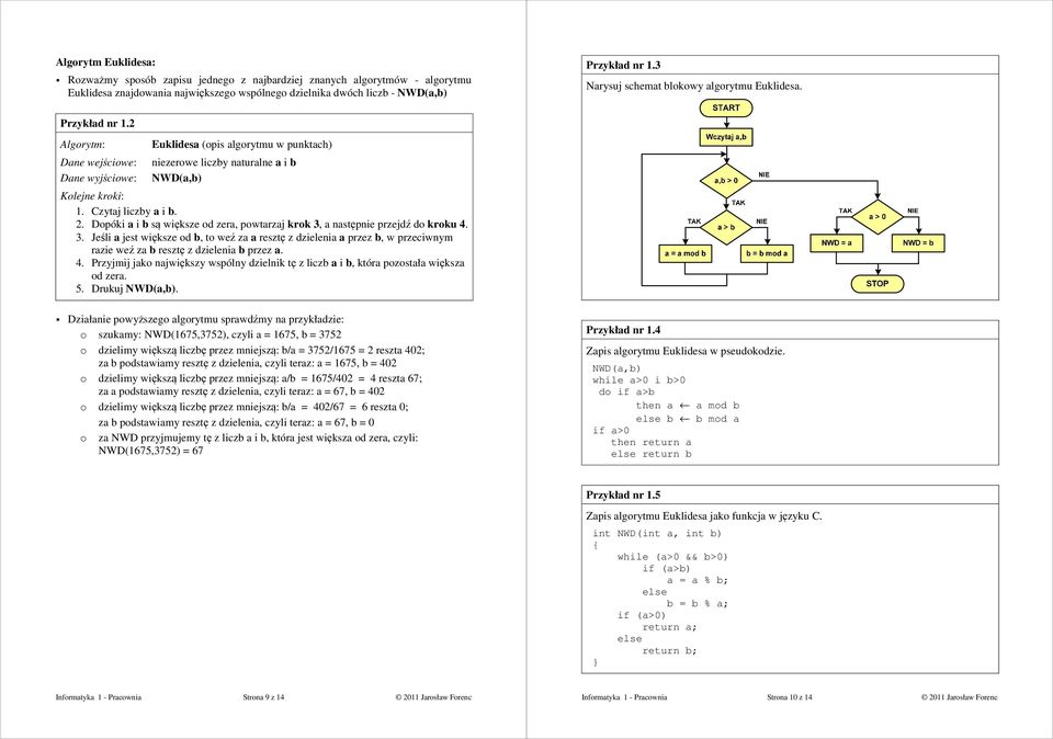 2 Algorytm: Euklidesa (opis algorytmu w punktach) Dane wejściowe: Dane wyjściowe: niezerowe liczby naturalne a i b NWD(a,b) Kolejne kroki: 1. Czytaj liczby a i b. 2.