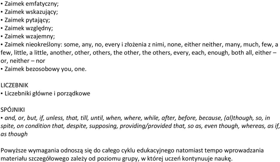 LICZEBNIK Liczebniki główne i porządkowe SPÓJNIKI and, or, but, if, unless, that, till, until, when, where, while, after, before, because, (al)though, so, in spite, on condition that, despite,