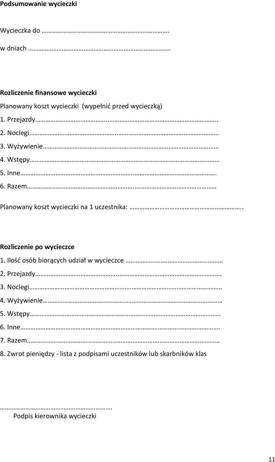 Wyżywienie 4. Wstępy.. 5. Inne... 6. Razem.. Planowany koszt wycieczki na 1 uczestnika:.. Rozliczenie po wycieczce 1.