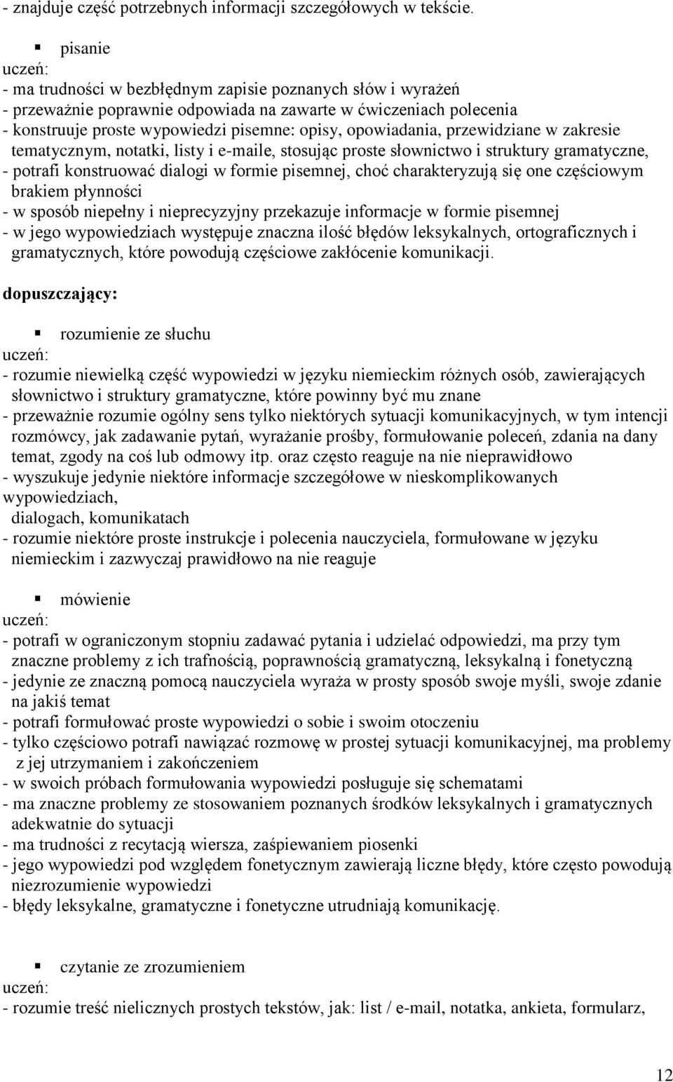 przewidziane w zakresie tematycznym, notatki, listy i e-maile, stosując proste słownictwo i struktury gramatyczne, - potrafi konstruować dialogi w formie pisemnej, choć charakteryzują się one