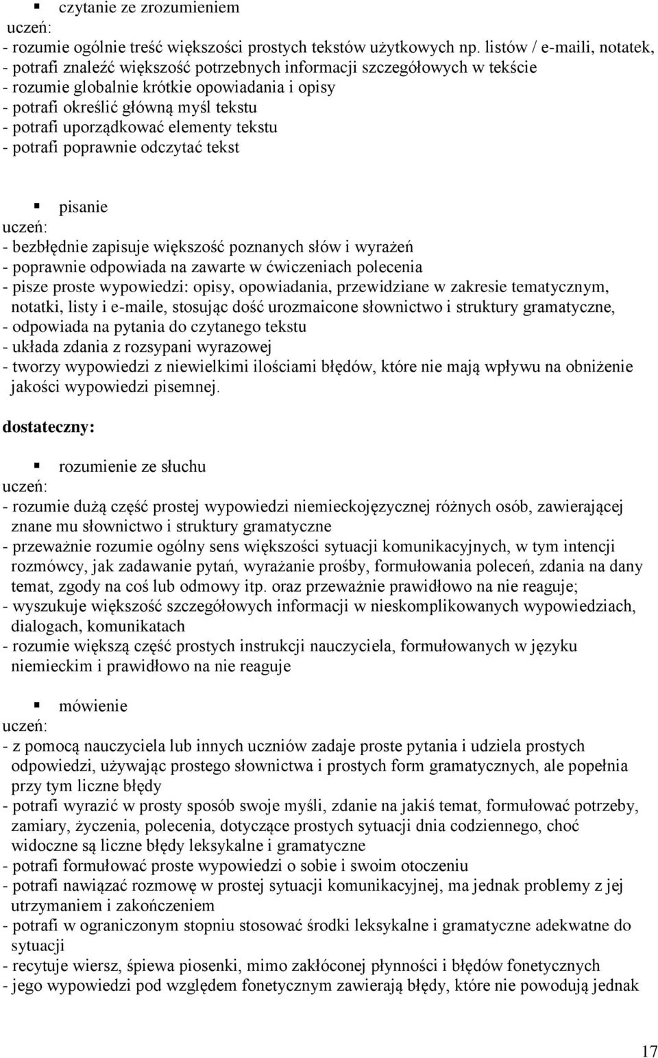 uporządkować elementy tekstu - potrafi poprawnie odczytać tekst - bezbłędnie zapisuje większość poznanych słów i wyrażeń - poprawnie odpowiada na zawarte w ćwiczeniach polecenia - pisze proste