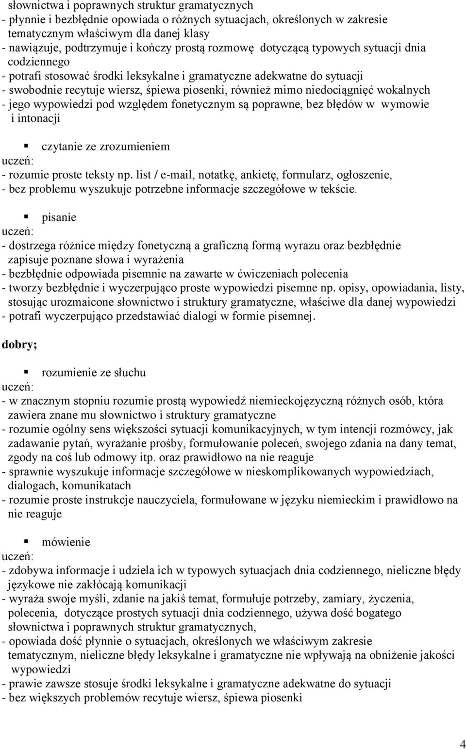 niedociągnięć wokalnych - jego wypowiedzi pod względem fonetycznym są poprawne, bez błędów w wymowie i intonacji czytanie ze zrozumieniem - rozumie proste teksty np.