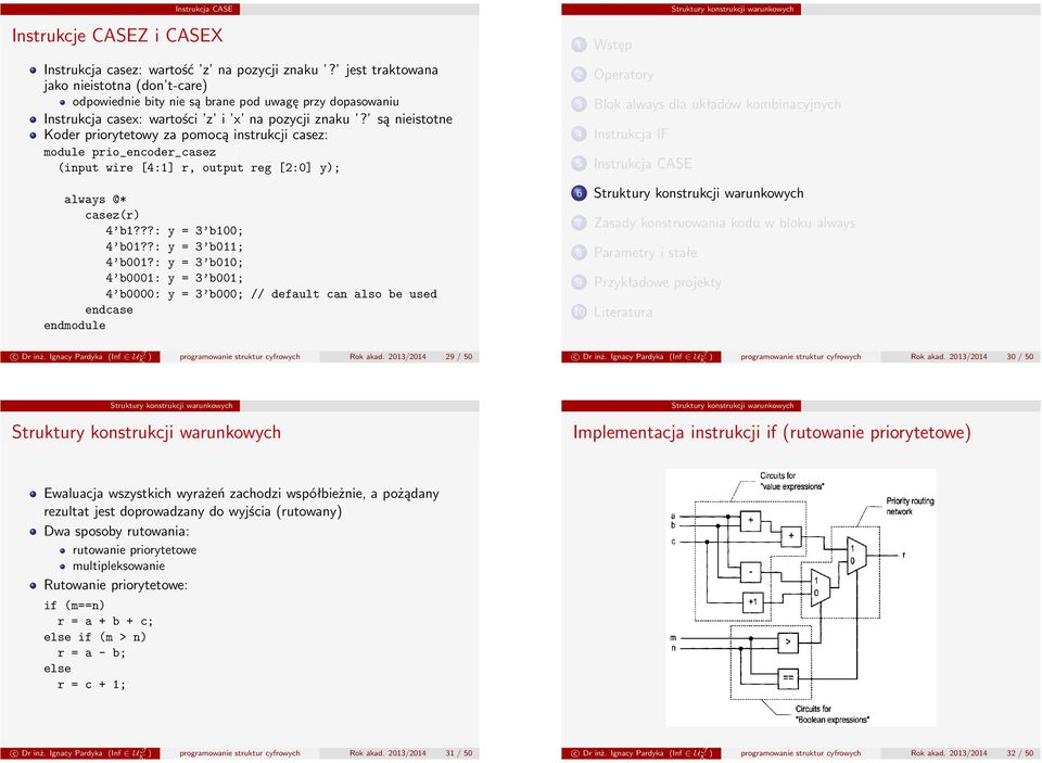 są nieistotne oder priorytetowy za pomocą instrukcji casez: module prio_encoder_casez (input wire [4:1] r, output reg [2:0] y); always @* casez(r) 4 b1???: y = 3 b100; 4 b01??: y = 3 b011; 4 b001?