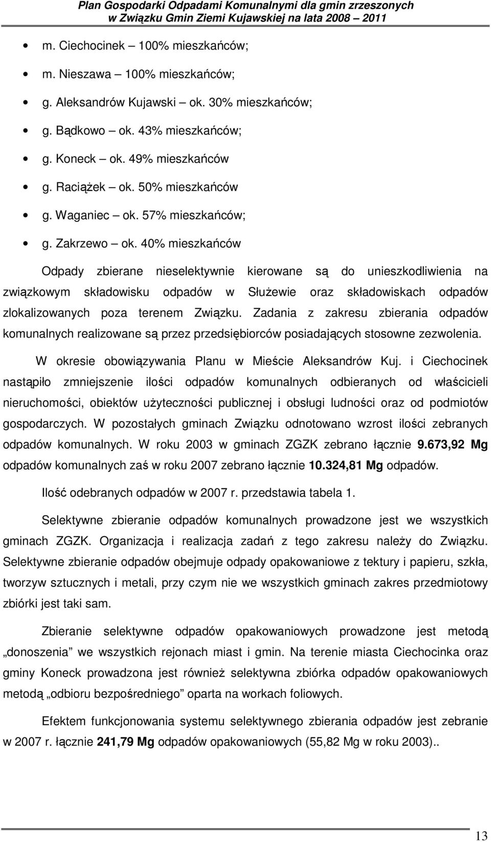 40% mieszkańców Odpady zbierane nieselektywnie kierowane są do unieszkodliwienia na związkowym składowisku odpadów w SłuŜewie oraz składowiskach odpadów zlokalizowanych poza terenem Związku.