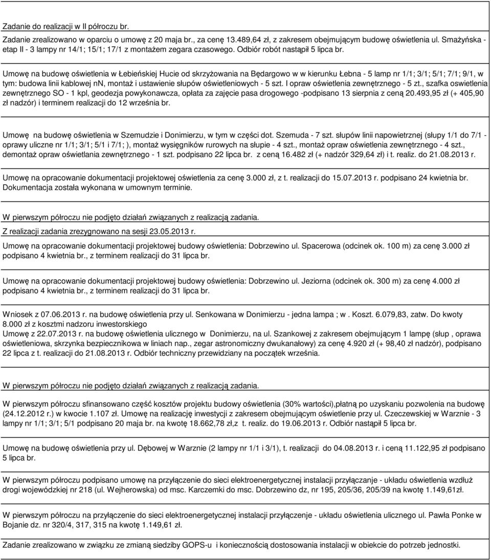 Umowę na budowę oświetlenia w Łebieńskiej Hucie od skrzyżowania na Będargowo w w kierunku Łebna - 5 lamp nr 1/1; 3/1; 5/1; 7/1; 9/1, w tym: budowa linii kablowej nn, montaż i ustawienie słupów