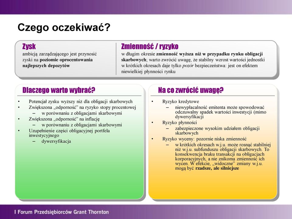 warto zwrócić uwagę, że stabilny wzrost wartości jednostki w krótkich okresach daje tylko pozór bezpieczeństwa: jest on efektem niewielkiej płynności rynku Dlaczego warto wybrać? Na co zwrócić uwagę?