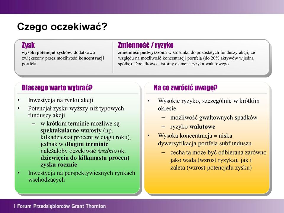 koncentracji portfela (do 20% aktywów w jedną spółkę). Dodatkowo istotny element ryzyka walutowego Dlaczego warto wybrać? Na co zwrócić uwagę?