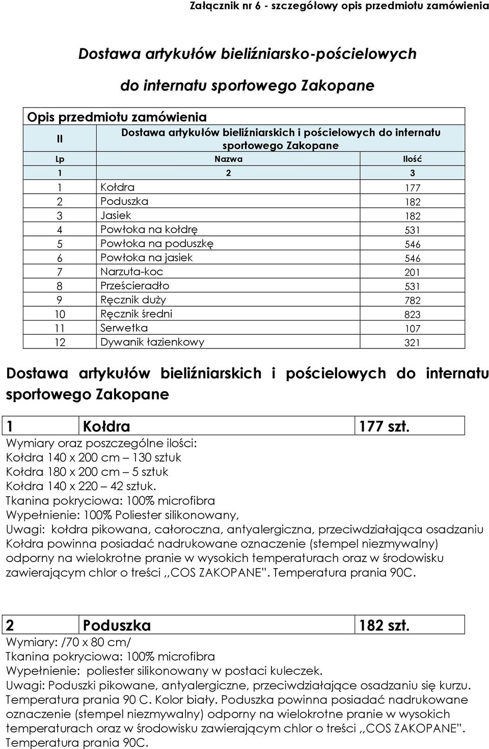 201 8 Prześcieradło 531 9 Ręcznik duży 782 10 Ręcznik średni 823 11 Serwetka 107 12 Dywanik łazienkowy 321 Dostawa artykułów bieliźniarskich i pościelowych do internatu sportowego Zakopane 1 Kołdra