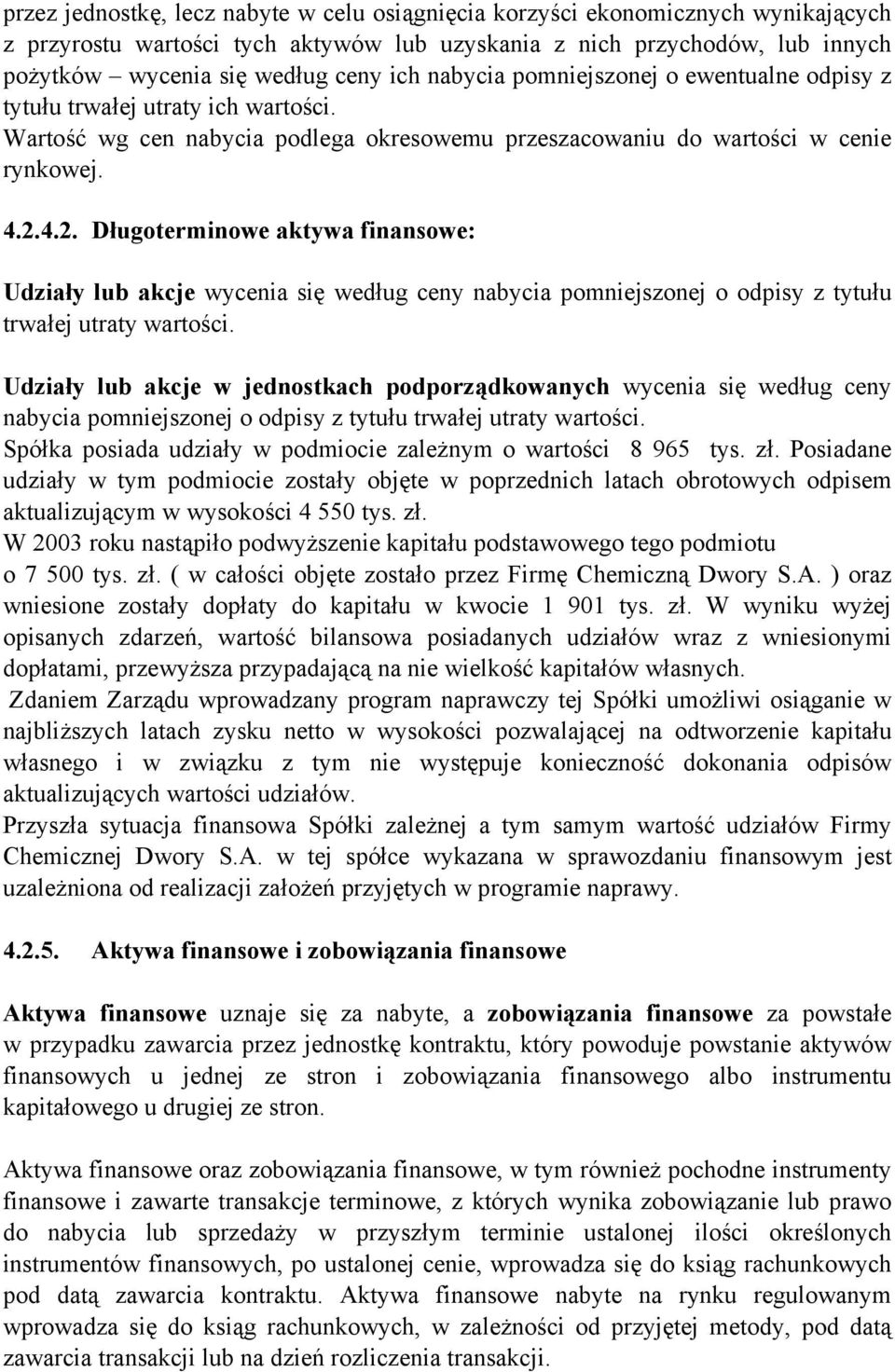 4.2. Długoterminowe aktywa finansowe: Udziały lub akcje wycenia się według ceny nabycia pomniejszonej o odpisy z tytułu trwałej utraty wartości.