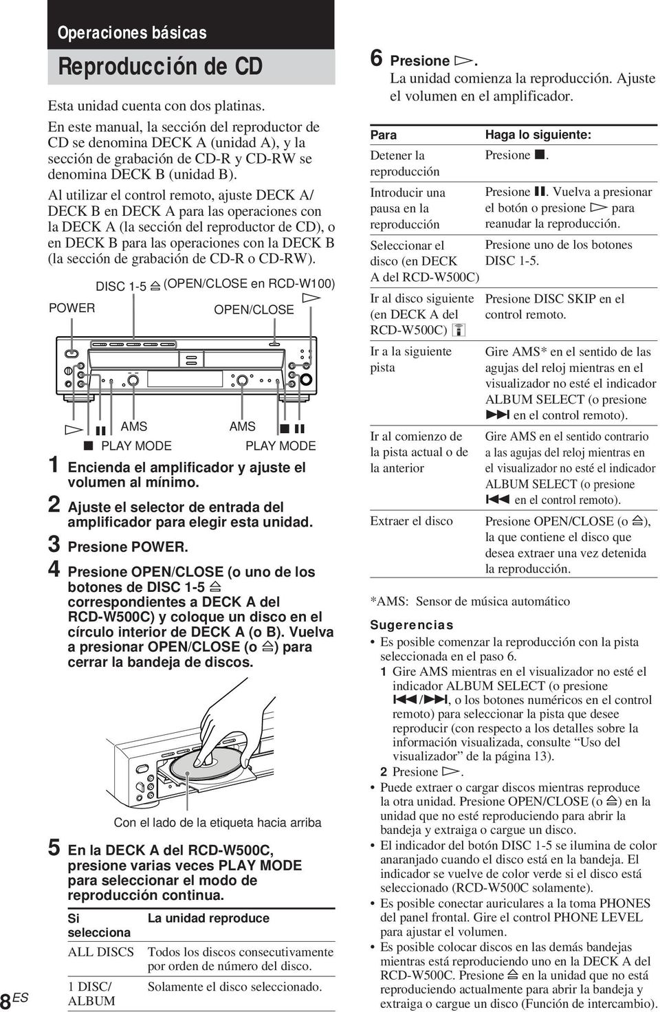 Al utilizar el control remoto, ajuste / en para las operaciones con la (la sección del reproductor de CD), o en para las operaciones con la (la sección de grabación de CD-R o CD-RW).