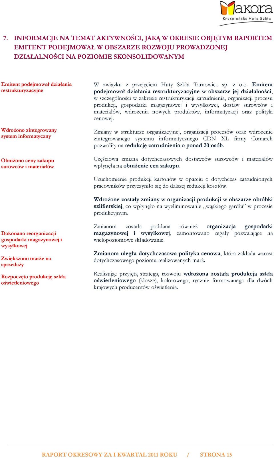 ono zintegrowany system informatyczny Obniżono ceny zakupu surowców i materiałów W związku z przejęciem Huty Szkła Tarnowiec sp. z o.o. Emitent podejmował działania restrukturyzacyjne w obszarze jej