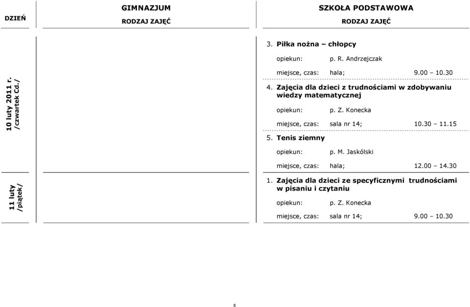 10.30 11.15 5. Tenis ziemny p. M. Jaskólski miejsce, czas: hala; 12.00 14.30 11 luty /piątek/ 1.