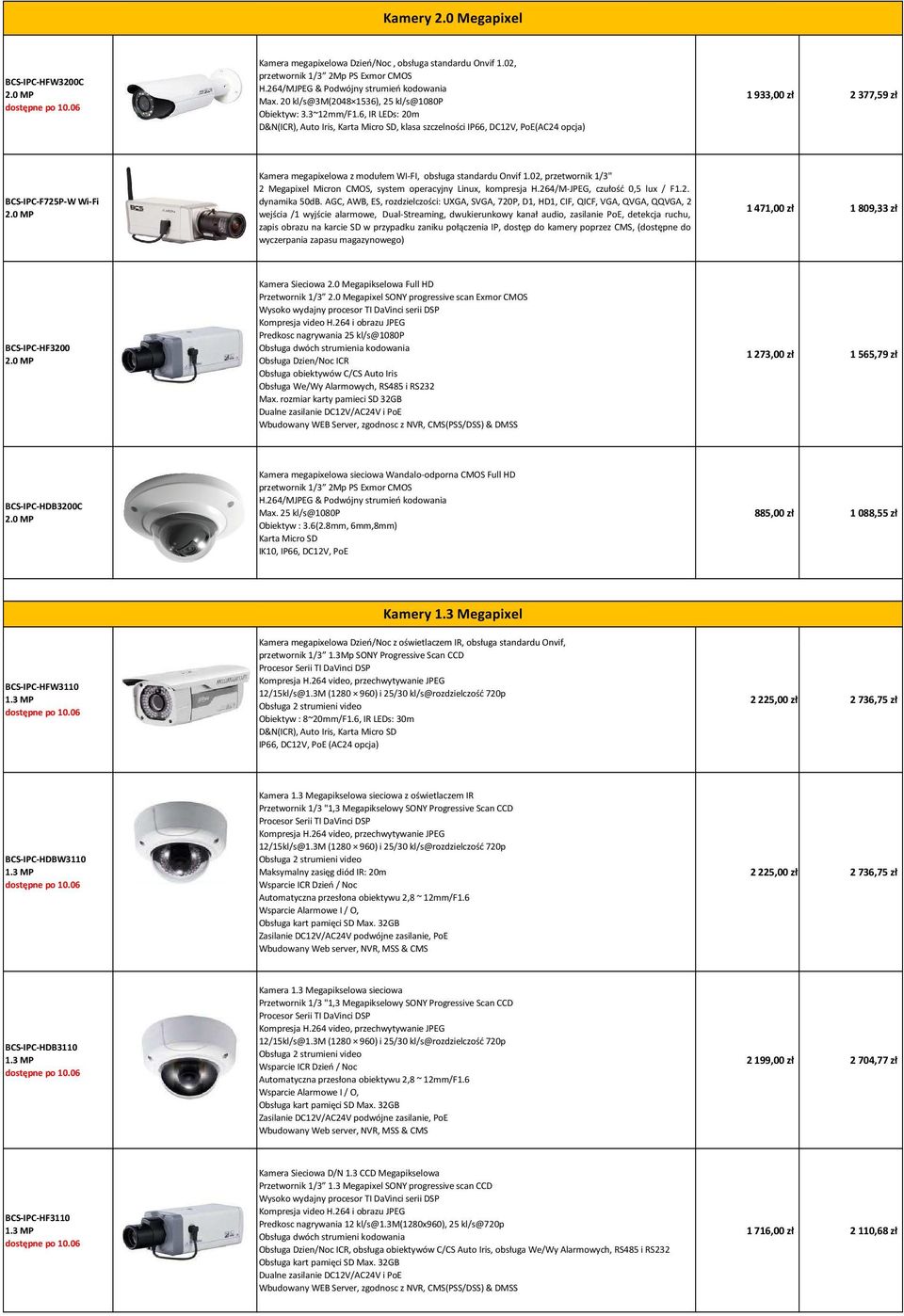 standardu Onvif 1.02, przetwornik 1/3" 2 Megapixel Micron CMOS, system operacyjny Linux, kompresja H.264/M-JPEG, czułość 0,5 lux / F1.2. dynamika 50dB.