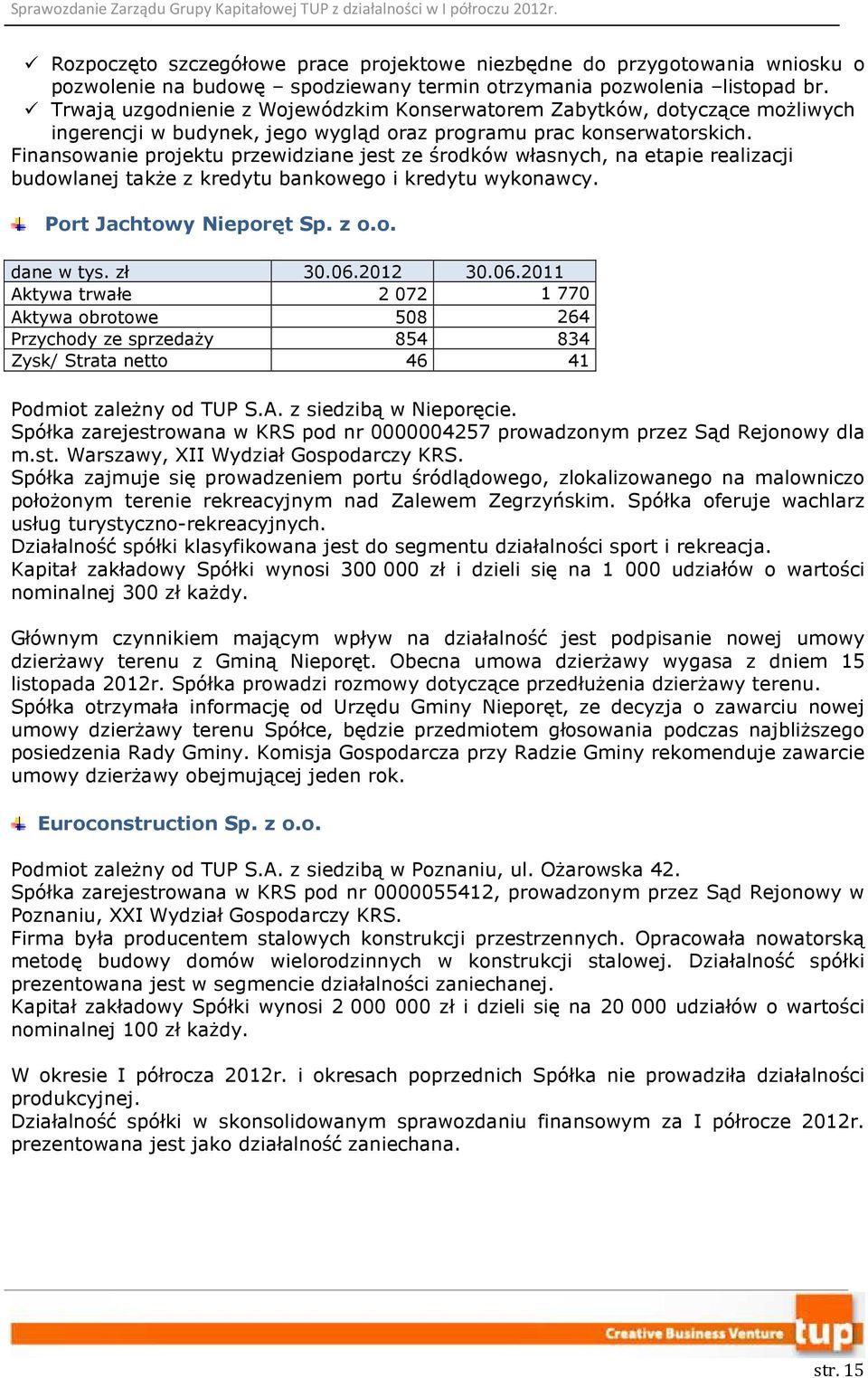 Finansowanie projektu przewidziane jest ze środków własnych, na etapie realizacji budowlanej także z kredytu bankowego i kredytu wykonawcy. Port Jachtowy Nieporęt Sp. z o.o. dane w tys. zł 30.06.