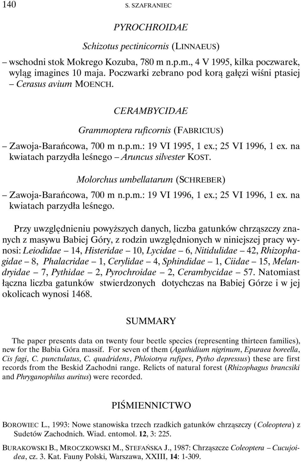 na kwiatach parzydła leśnego Aruncus silvester KOST. Molorchus umbellatarum (SCHREBER) Zawoja-Barańcowa, 700 m n.p.m.: 19 VI 1996, 1 ex.; 25 VI 1996, 1 ex. na kwiatach parzydła leśnego.