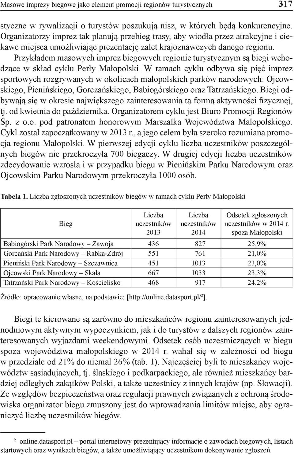 Przykładem masowych imprez biegowych regionie turystycznym są biegi wchodzące w skład cyklu Perły Małopolski.