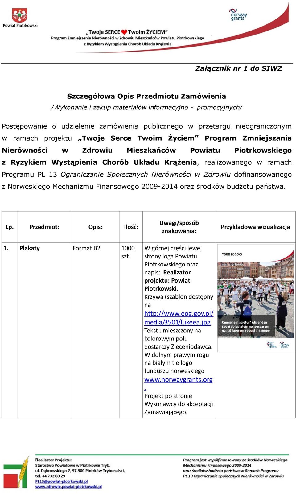 PL 13 Ograniczanie Społecznych Nierówności w Zdrowiu dofinsowanego z Norweskiego Mechanizmu Finsowego 2009-2014 oraz środków budżetu państwa Lp Przedmiot: Opis: Ilość: 1 Plakaty Format B2 1000 szt