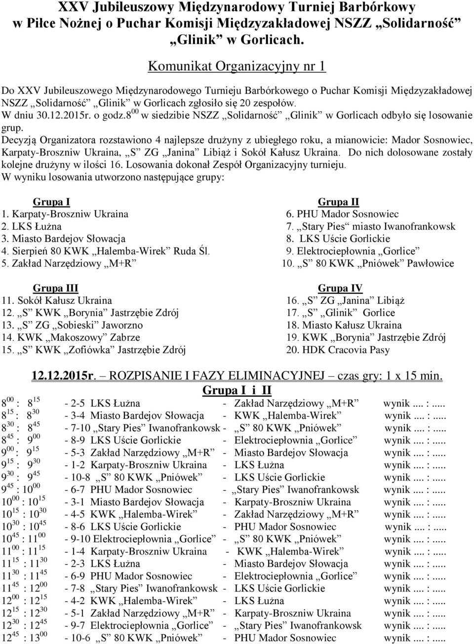 2015r. o godz.8 00 w siedzibie NSZZ Solidarność Glinik w Gorlicach odbyło się losowanie grup.