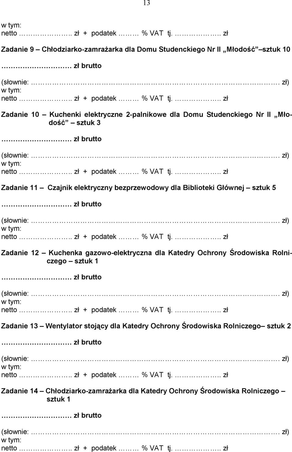 Zadanie 12 Kuchenka gazowo-elektryczna dla Katedry Ochrony Środowiska Rolniczego sztuk 1 Zadanie 13 Wentylator stojący dla