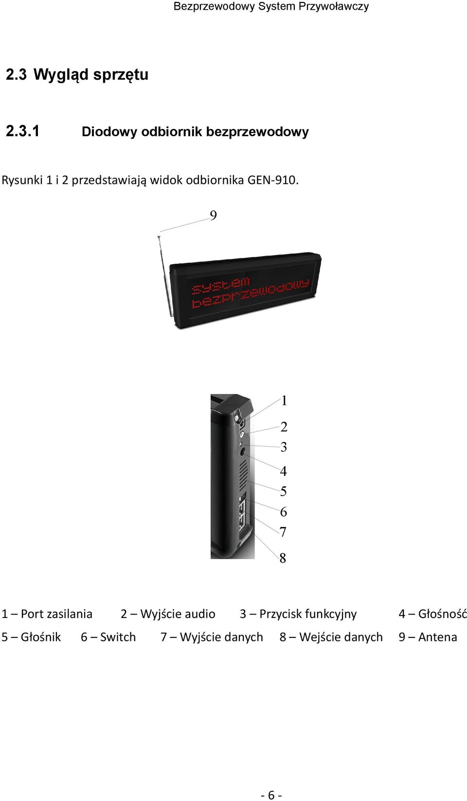 9 1 2 3 4 5 6 7 8 1 Port zasilania 2 Wyjście audio 3 Przycisk