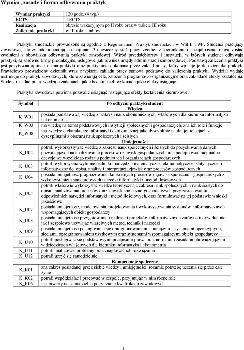 Studenci pracujący zawodowo, którzy udokumentują co najmniej 3-miesieczny staż pracy zgodny z kierunkiem i specjalnością, mogą zostać zwolnieni z obowiązku odbywania praktyki zawodowej.