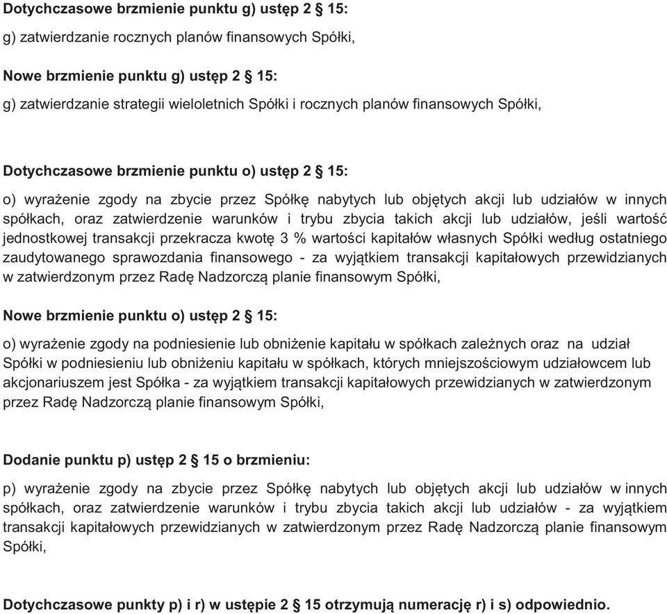 warunków i trybu zbycia takich akcji lub udziałów, je li warto jednostkowej transakcji przekracza kwot 3 % warto ci kapitałów własnych Spółki według ostatniego zaudytowanego sprawozdania finansowego