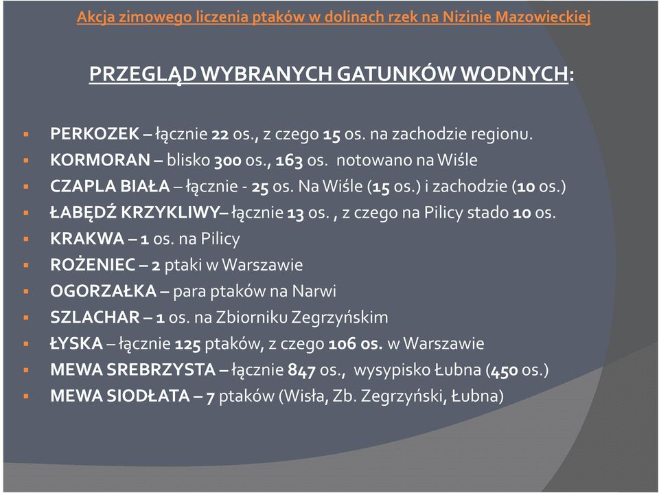 , z czego na Pilicy stado 10 os. KRAKWA 1 os. na Pilicy ROŻENIEC 2 ptaki w Warszawie OGORZAŁKA para ptaków na Narwi SZLACHAR 1 os.