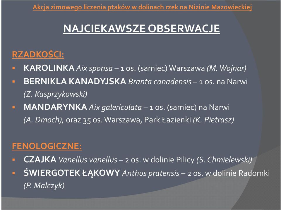 Kasprzykowski) MANDARYNKA Aix galericulata 1 os. (samiec) na Narwi MANDARYNKA (A. Dmoch), oraz 35 os.