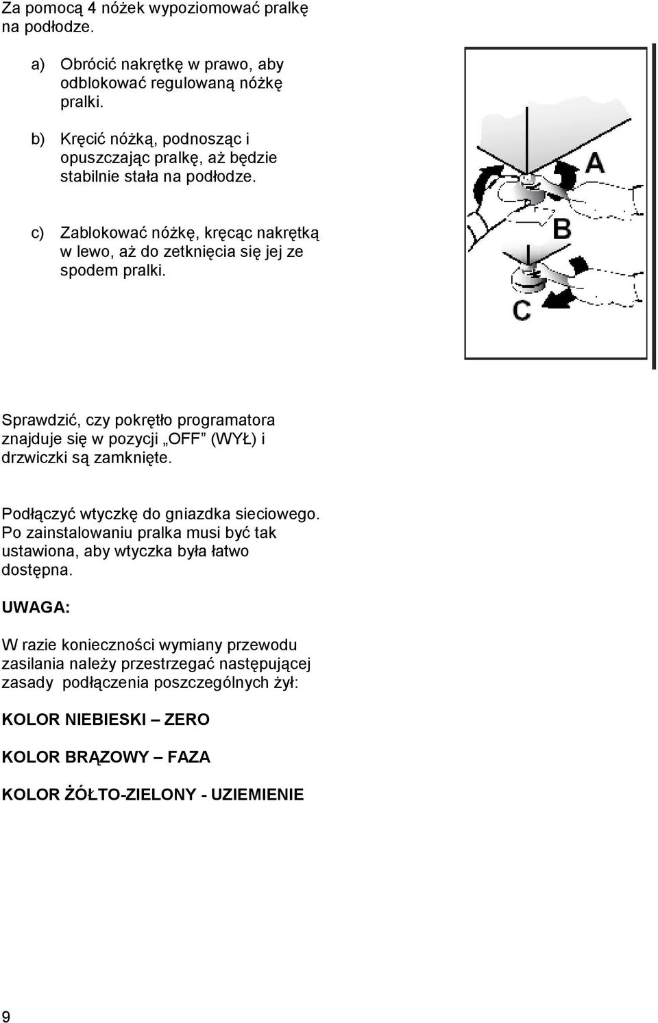 Sprawdzić, czy pokrętło programatora znajduje się w pozycji OFF (WYŁ) i drzwiczki są zamknięte. Podłączyć wtyczkę do gniazdka sieciowego.