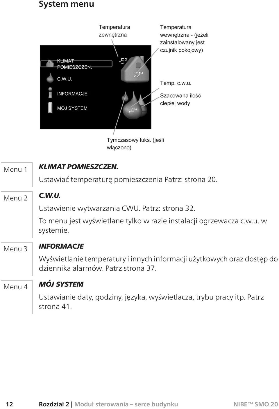 INFORMACJE Wyświetlanie temperatury i innych informacji użytkowych oraz dostęp do dziennika alarmów. Patrz strona 37.