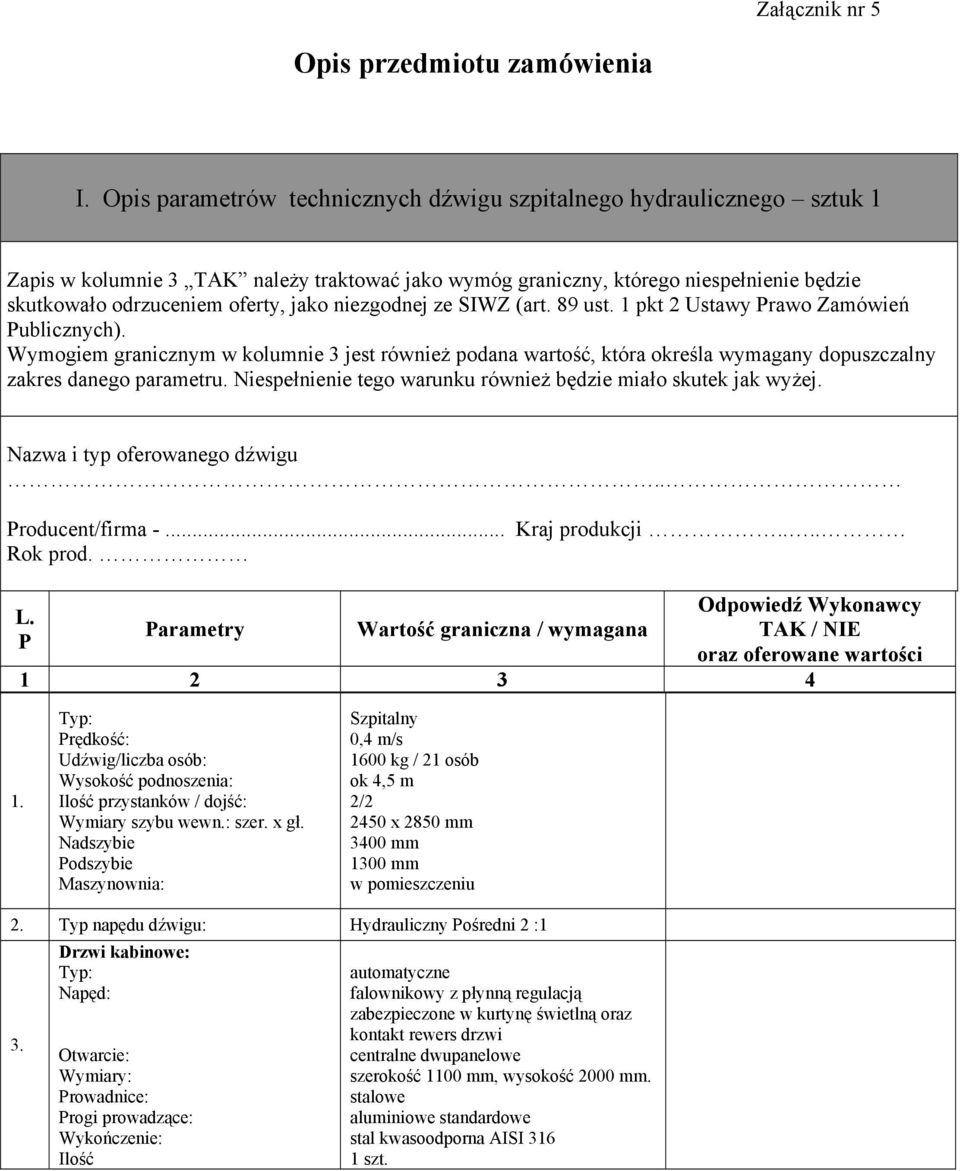 niezgodnej ze SIWZ (art. 89 ust. 1 pkt 2 Ustawy Prawo Zamówień Publicznych). Wymogiem granicznym w kolumnie 3 jest również podana wartość, która określa wymagany dopuszczalny zakres danego parametru.