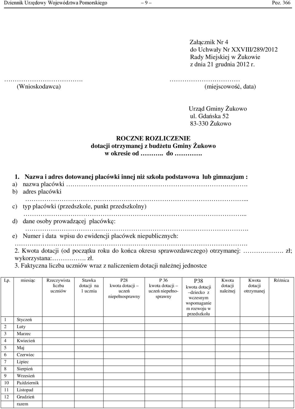 Nazwa i adres dotowanej placówki innej niż szkoła podstawowa lub gimnazjum : a) nazwa placówki. b) adres placówki... c) typ placówki (przedszkole, punkt przedszkolny).