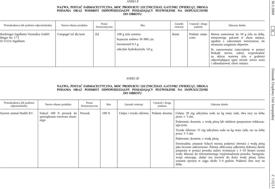 ANEKS II NAZWA, POSTAĆ FARMACEUTYCZNA, MOC PRODUKTU LECZNICZEGO, GATUNKI ZWIERZĄT, DROGA PODANIA ORAZ PODMIOT ODPOWIEDZIALNY POSIADAJĄCY POZWOLENIE NA DOPUSZCZENIE DO OBROTU Nazwa własna produktu