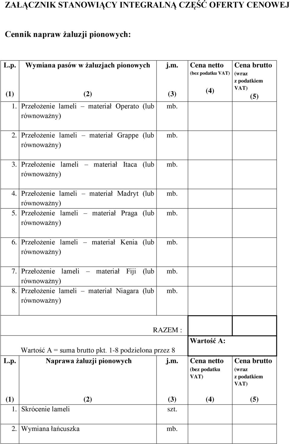 Przełożenie lameli materiał Madryt (lub 5. Przełożenie lameli materiał Praga (lub 6. Przełożenie lameli materiał Kenia (lub 7.