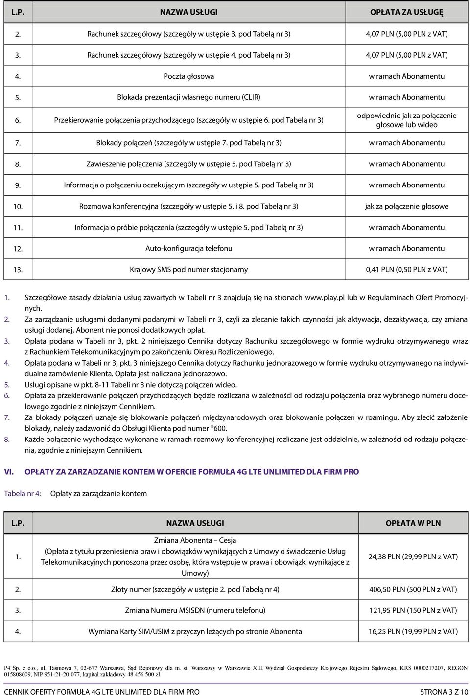 pod Tabelą nr 3) odpowiednio jak za połączenie głosowe lub wideo 7. Blokady połączeń (szczegóły w ustępie 7. pod Tabelą nr 3) w ramach Abonamentu 8. Zawieszenie połączenia (szczegóły w ustępie 5.