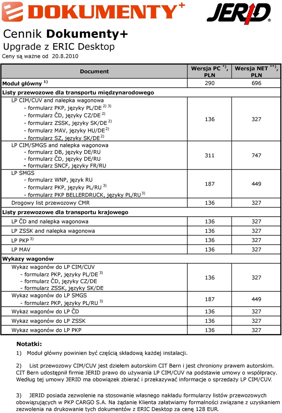 ČD, języky CZ/DE 2) 2) 3) - formularz ZSSK, języky SK/DE 2) - formularz MAV, języky HU/DE 2) 136 327 - formularz SZ, języky SK/DE 2) LP CIM/SMGS and nalepka wagonowa - formularz DB, języky DE/RU -