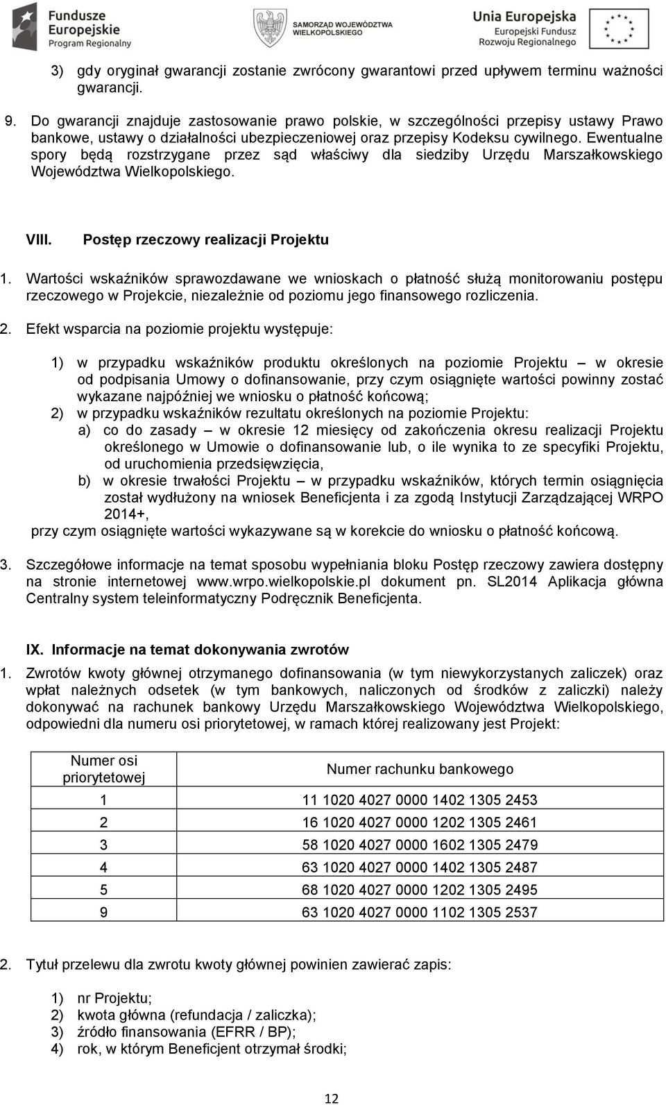 Ewentualne spory będą rozstrzygane przez sąd właściwy dla siedziby Urzędu Marszałkowskiego Województwa Wielkopolskiego. VIII. Postęp rzeczowy realizacji Projektu 1.