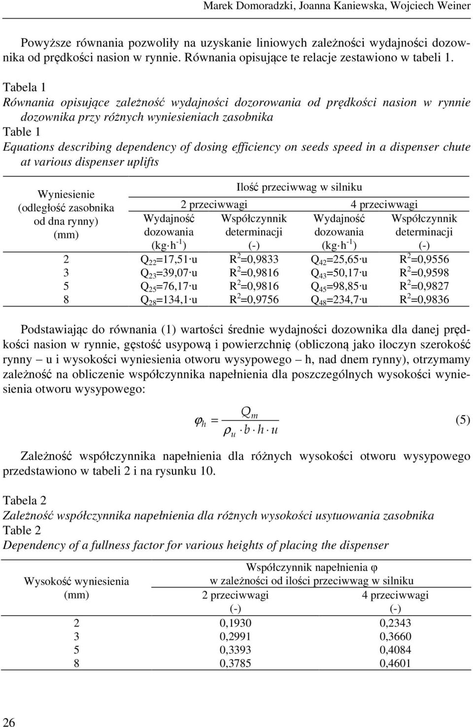 Tabela 1 Równania opisujące zależność wydajności dozorowania od prędkości nasion w rynnie dozownika przy różnych wyniesieniach zasobnika Table 1 Equations describing dependency of dosing efficiency