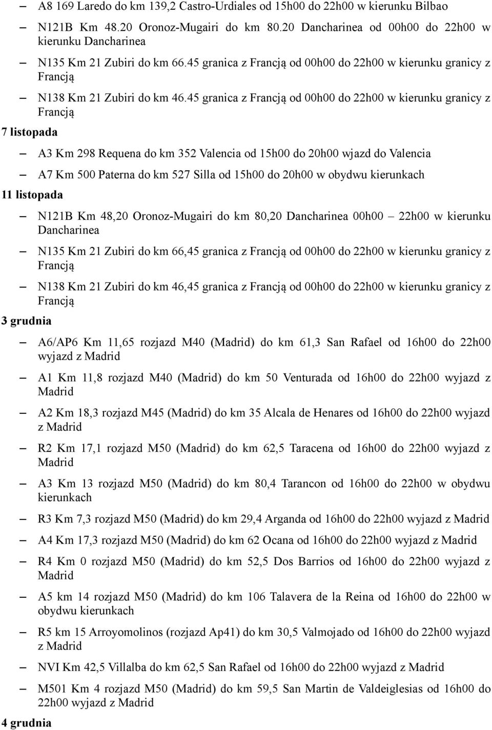 45 granica z Francją od 00h00 do 22h00 w kierunku granicy z Francją 7 listopada A3 Km 298 Requena do km 352 Valencia od 15h00 do 20h00 wjazd do Valencia A7 Km 500 Paterna do km 527 Silla od 15h00 do